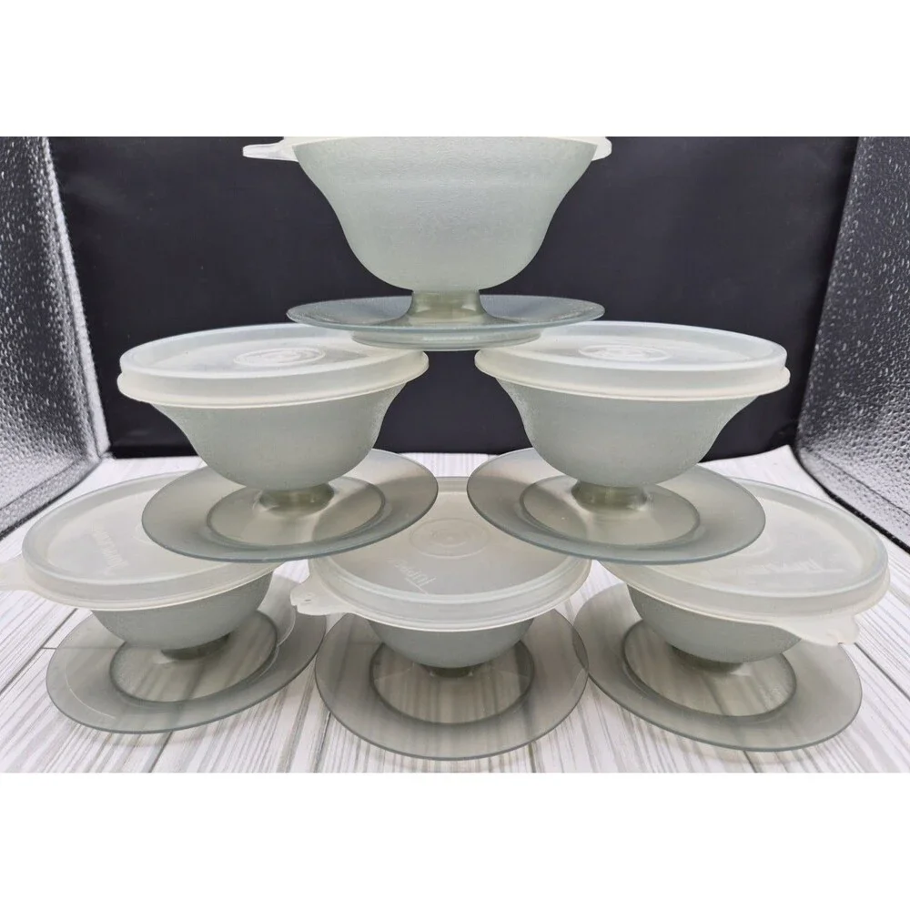 Vintage Tupperware Smoke Gray Parfait Dessert Cups & Lids 754 Set of 6 Retro